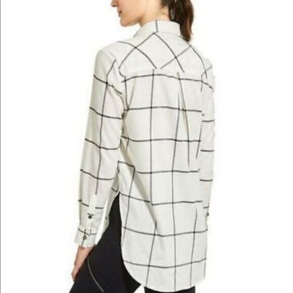 Athleta Sz. XXS Presidio 1/4 Button Up Long Sleeve Black & White Plaid Tunic - Picture 2 of 9